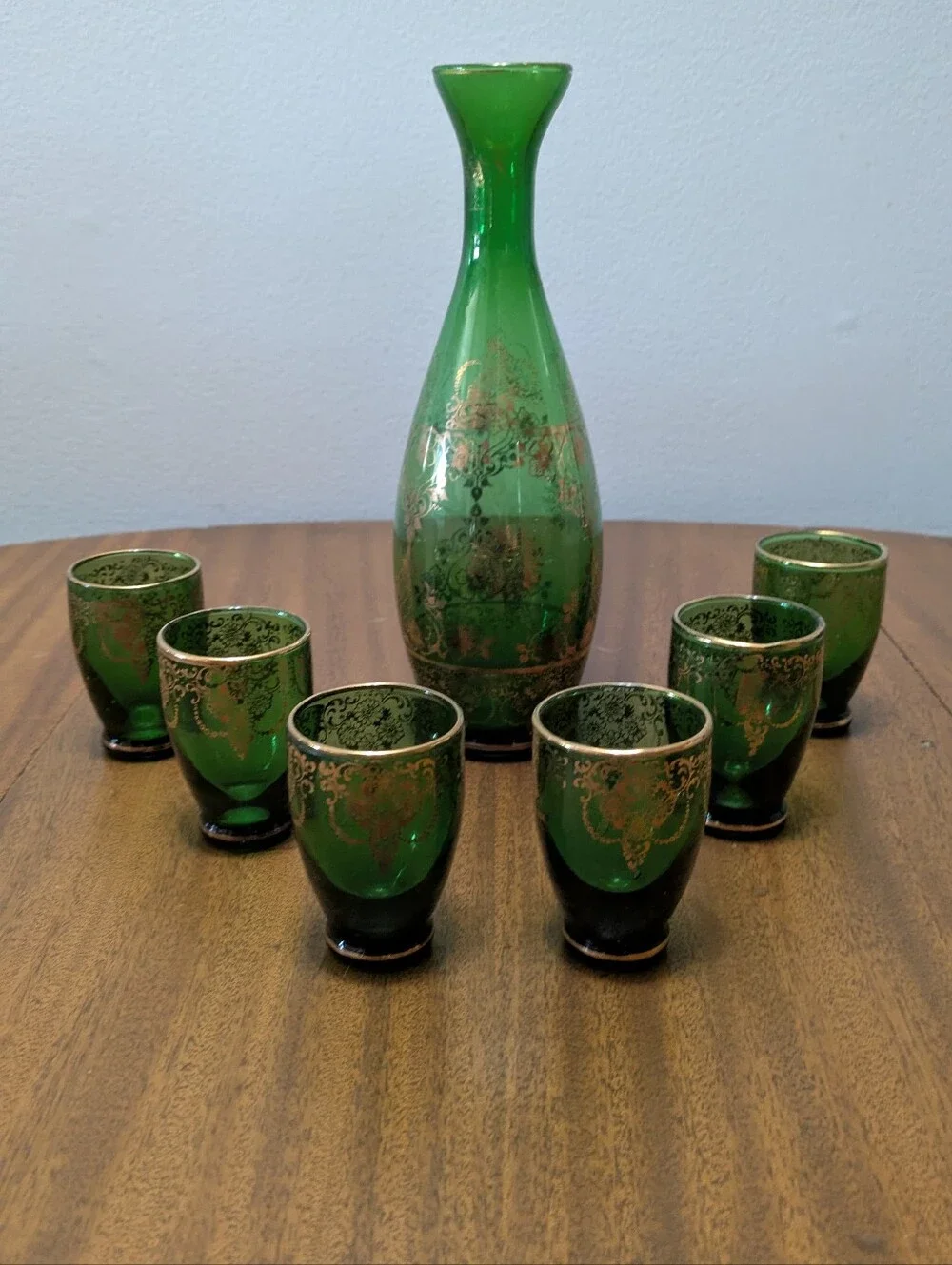 Vintage Murano Glass Decanter Set.  Very Nice Condition.  Emerald Green & Gold.